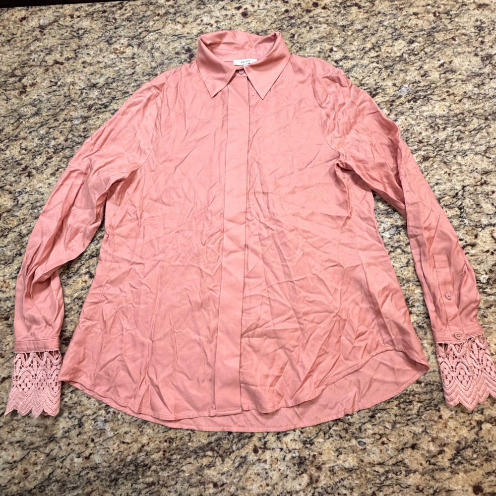 Reiss Pink Silk Blend Crochet Lace Cuff Button Down Blouse Top Size 2 ws